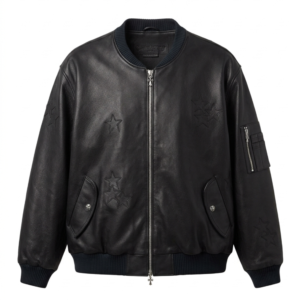 Unisex Black Lambskin Leather Star Patch Bomber Jacket