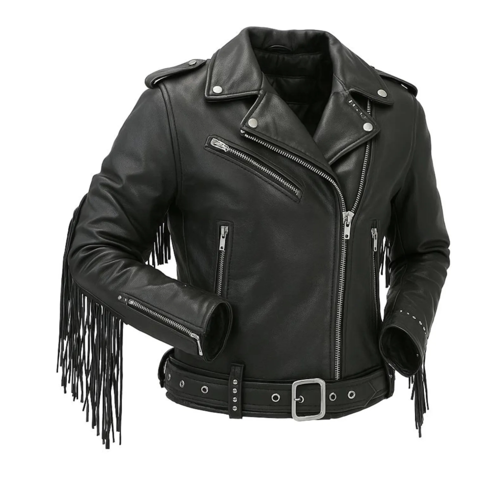 Unisex Black Fringed Cowhide Leather Biker Jacket
