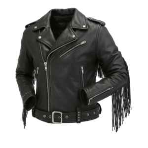 Unisex Black Fringed Cowhide Leather Biker Jacket