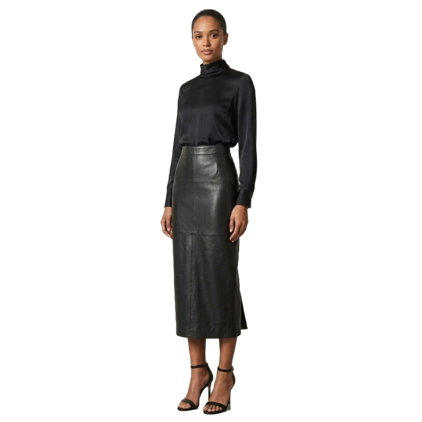 Women's Handmade Black Sheepskin Leather High-Waisted Maxi Skirt