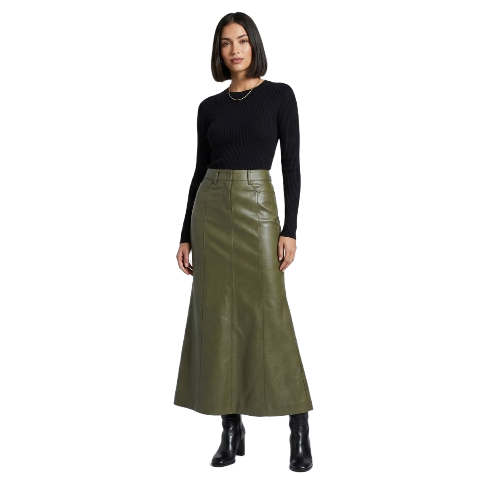 Women's Handmade Green Sheepskin Leather Maxi Skirt